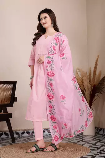 pink pure cotton a-line pleated kurta dupatta pant set