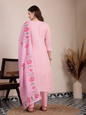 pink pure cotton a-line pleated kurta dupatta pant set 3