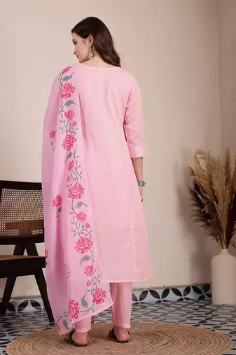 pink pure cotton a-line pleated kurta dupatta pant set