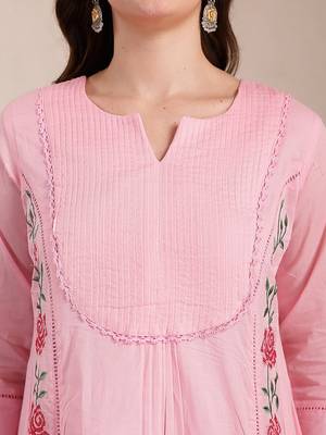 pink pure cotton a-line pleated kurta dupatta pant set 4