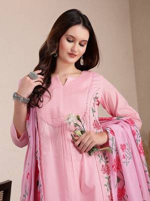 pink pure cotton a-line pleated kurta dupatta pant set 5