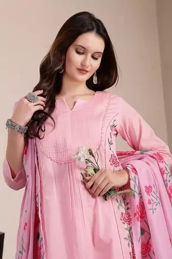 pink pure cotton a-line pleated kurta dupatta pant set