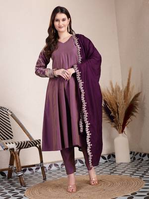 purple silk blend anarkali kurta dupatta pant set 1