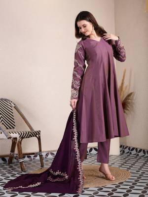 purple silk blend anarkali kurta dupatta pant set 2