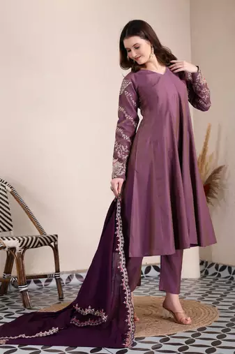 purple silk blend anarkali kurta dupatta pant set