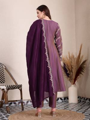 purple silk blend anarkali kurta dupatta pant set 3