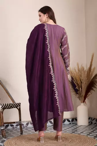 purple silk blend anarkali kurta dupatta pant set