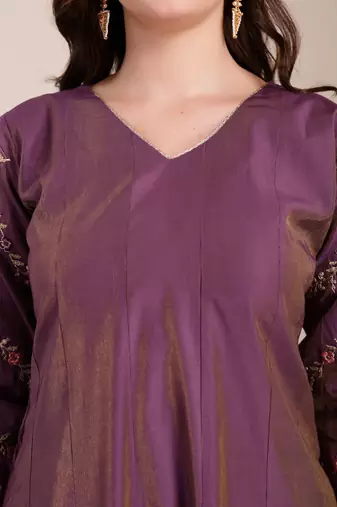 purple silk blend anarkali kurta dupatta pant set