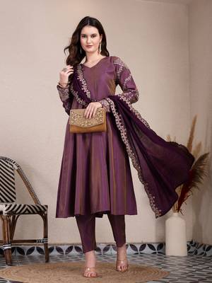 purple silk blend anarkali kurta dupatta pant set 5