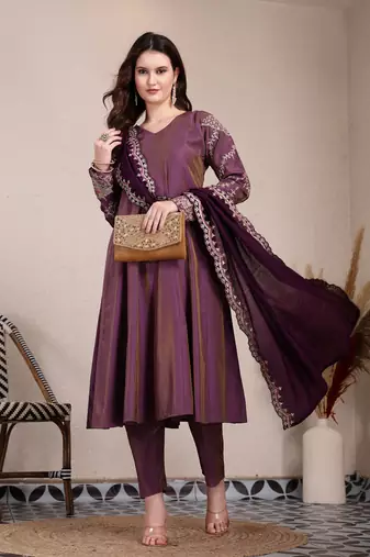 purple silk blend anarkali kurta dupatta pant set