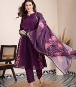 purple pure cotton a-line pleated kurta dupatta pant set