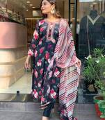 Women's Viscose Silk Fabric Straight Printed Kurta, Pant and Dupatta Set