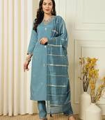 Women's Chanderi Straight Kurta, Pant and Dupatta Set