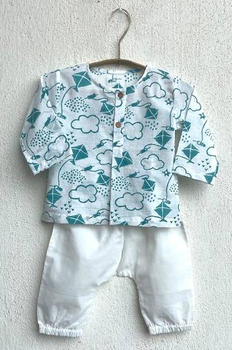 Organic patang teal kurta top + white pants
