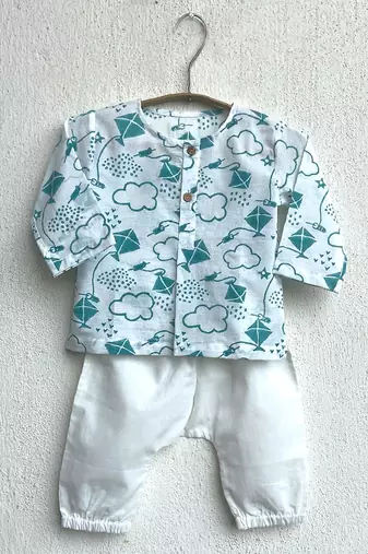 Organic patang teal kurta top + white pants