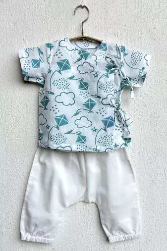 Organic patang teal angarakha top + white pants