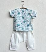 Organic patang teal angarakha top + white pants
