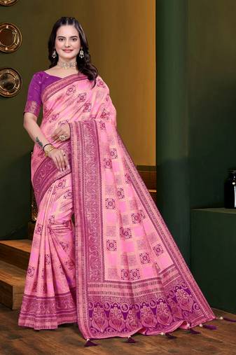 Pink woven kanjivaram jacquard art silk saree with blouse piece
