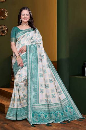 White woven kanjivaram jacquard art silk saree with blouse piece