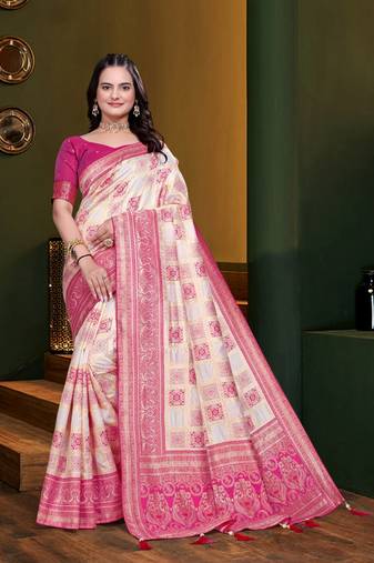 White woven kanjivaram jacquard art silk saree with blouse piece