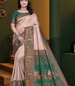 Beige woven kanjivaram jacquard art silk saree with blouse piece