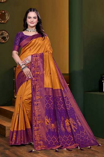 Orange woven kanjivaram jacquard art silk saree with blouse piece