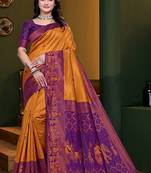 Orange woven kanjivaram jacquard art silk saree with blouse piece