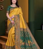 Yellow woven kanjivaram jacquard art silk saree with blouse piece