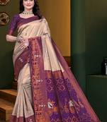 Beige woven kanjivaram jacquard art silk saree with blouse piece
