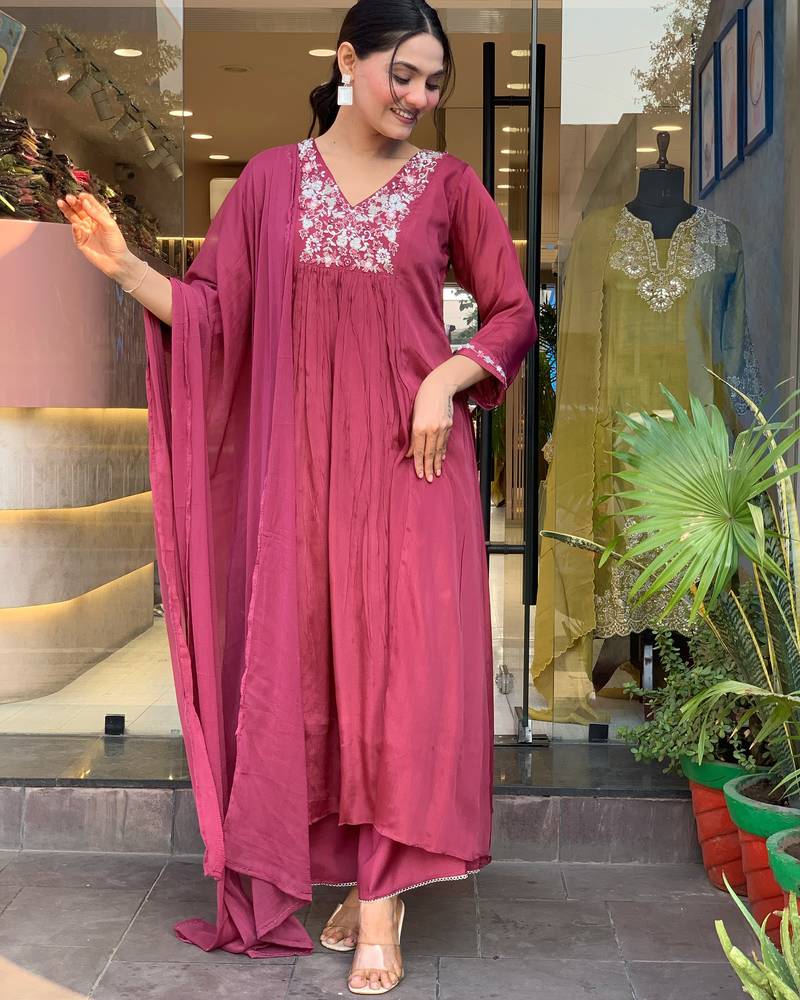 Women's Viscose Chinon Fabric Pleated Kurta, Palazzo and Dupatta Set