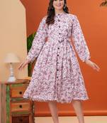 Women crepe fabric purple color round neck below knee length full sleeve dress