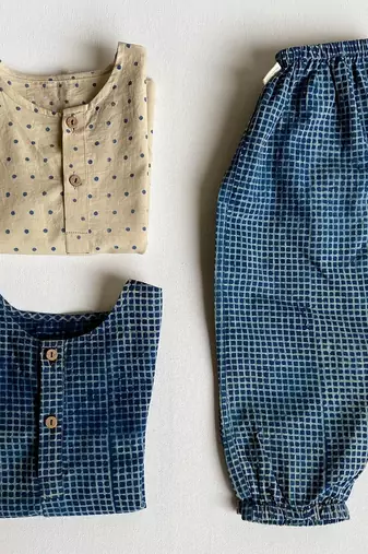 Organic indigo bag - raidana + check kurta + check pants