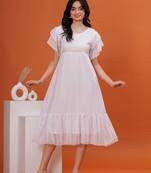 Women georgette fabric white color round neck calf length 1/4 or short sleeve dress