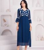 Women georgette fabric blue color v-neck neck calf length 3/4 sleeve dress