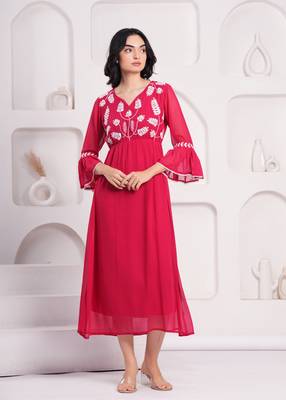 Women georgette fabric red color v-neck neck calf length 3/4 sleeve dress 1