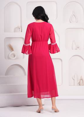 Women georgette fabric red color v-neck neck calf length 3/4 sleeve dress 2