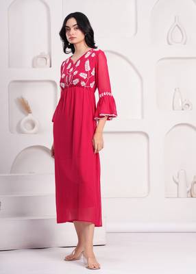 Women georgette fabric red color v-neck neck calf length 3/4 sleeve dress 3