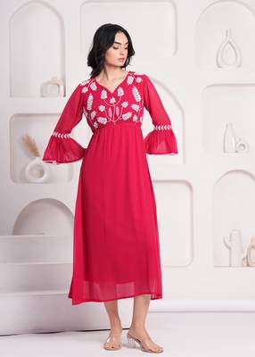 Women georgette fabric red color v-neck neck calf length 3/4 sleeve dress 4