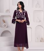 Women georgette fabric wine color v-neck neck calf length 3/4 sleeve dress