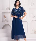 Women georgette fabric blue color round neck calf length half sleeve dress
