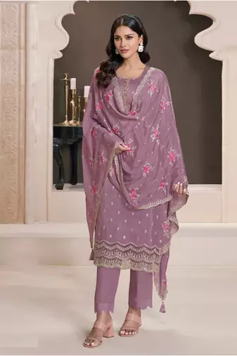 Purple embroidered silk semi-salwar suit