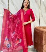 Beautiful Women's Viscose Chanderi Fabric Straight Kurta, Pant and Dupatta Set