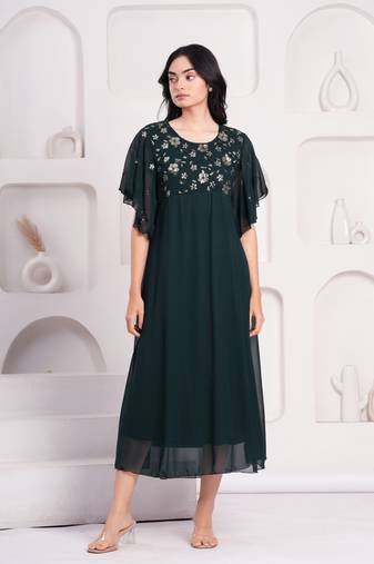 Women georgette fabric bottlegreen color round neck calf length half sleeve dress
