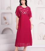 Women georgette fabric ranipink color round neck calf length half sleeve dress