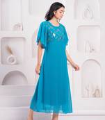 Women georgette fabric tealblue color round neck calf length half sleeve dress