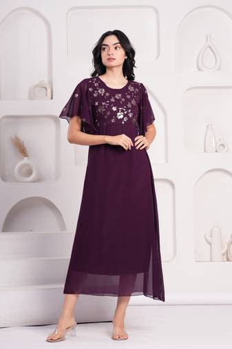 Women georgette fabric wine color round neck calf length half sleeve dress