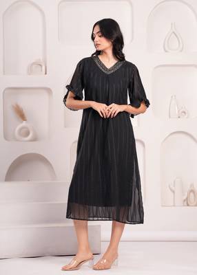 Women georgette fabric black color v neck calf length half sleeve dress 1