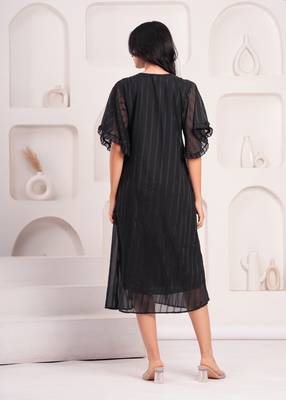 Women georgette fabric black color v neck calf length half sleeve dress 2