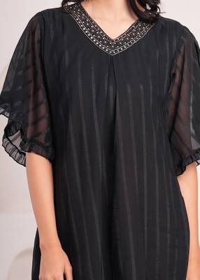 Women georgette fabric black color v neck calf length half sleeve dress 5
