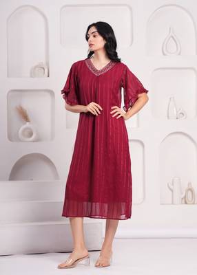 Women georgette fabric maroon color v neck calf length half sleeve dress 1